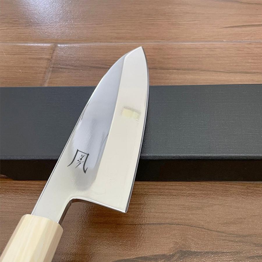 送料無料 即納 風刃 刺身包丁 和包丁牛刀【鏡面仕上げ】VG10号本焼出刃包丁180mm 人工象白八角柄 全長305mm 刃渡り180mm 刃厚5mm NK25B02の画像