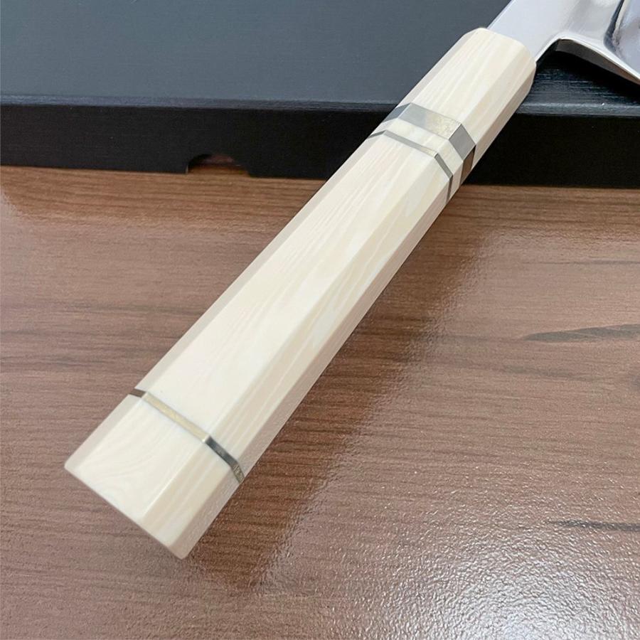 送料無料 即納 風刃 刺身包丁 和包丁牛刀【鏡面仕上げ】VG10号本焼出刃包丁180mm 人工象白八角柄 全長305mm 刃渡り180mm 刃厚5mm NK25B02の画像