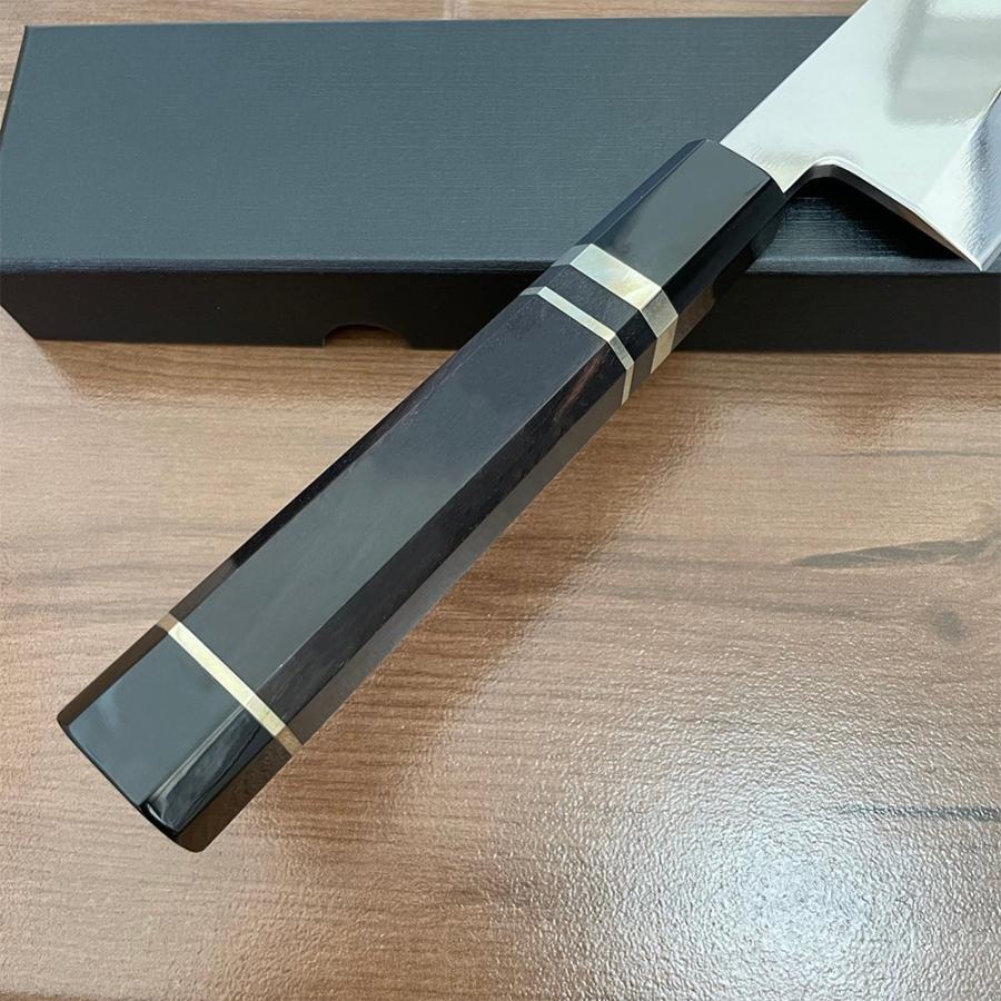 送料無料 即納 風刃 刺身包丁 和包丁牛刀【鏡面仕上げ】VG10号本焼出刃包丁 黒檀柄八角柄  全長305mm 刃渡り180mm  鋼材V金10号 NK25B03の画像