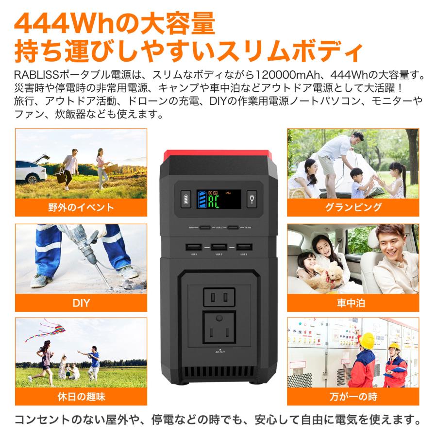 キャンプ アウトドア バッテリー 車中泊 超大容量 120000mAh、444Wh 家庭用蓄電池 【1年間保証】災害対策｜lalalady-shop｜02