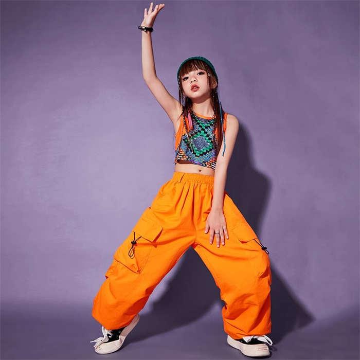 ダンスウェア 女の子 タンクトップ 長パンツ カーゴパンツ オレンジ