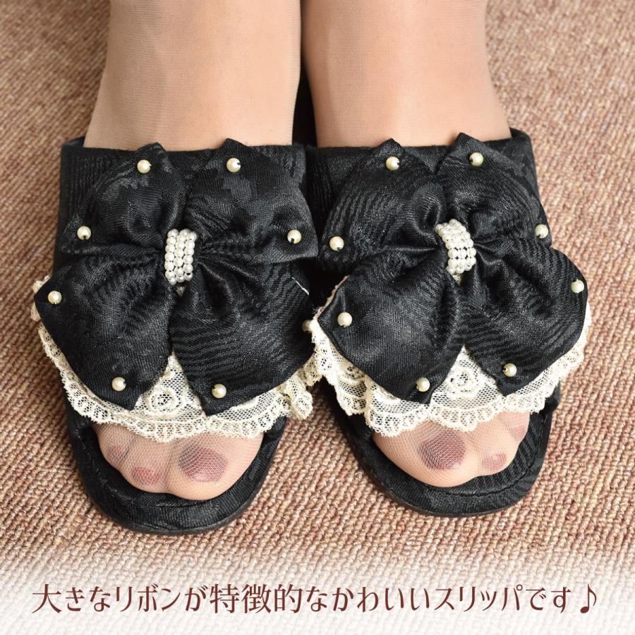 スリッパ リボン ヒールスリッパ ヒール4cm ブラック ピンク