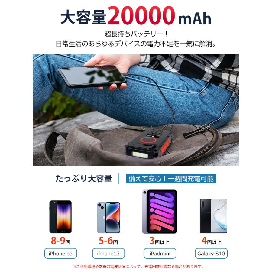 防災対策 モバイルバッテリー 大容量 20000mAh 手回し ケーブル内蔵