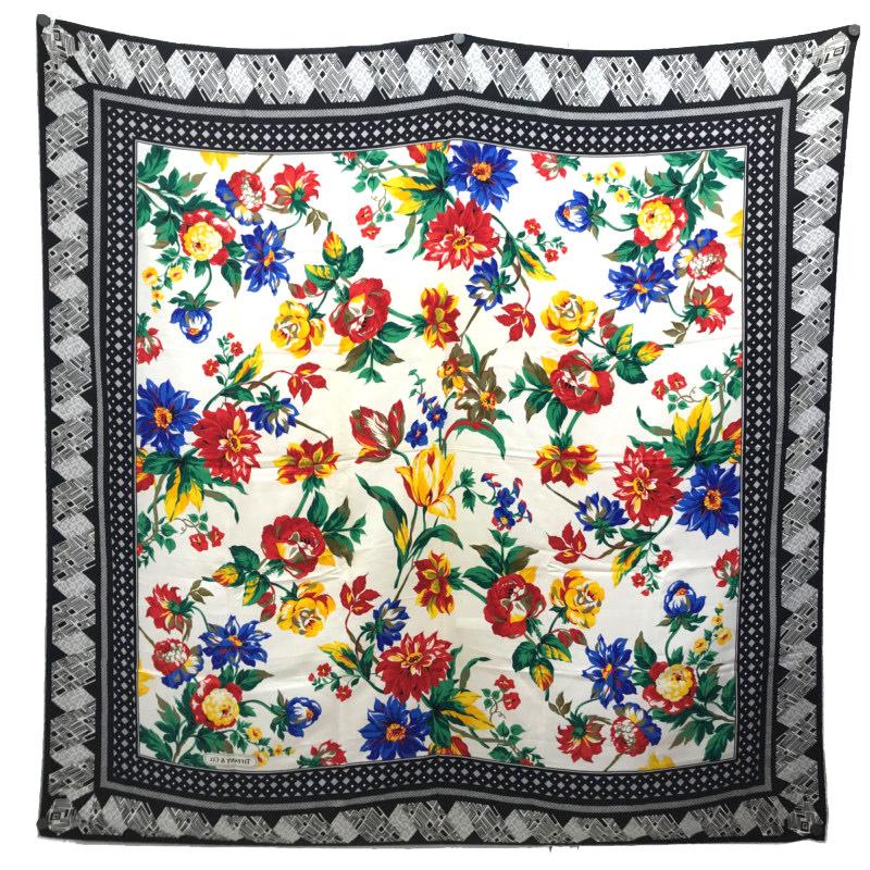 高級感 ティファニー Tiffany Co 大判 シルク 100 絹 スカーフ ホワイト マルチカラー フラワー 花 モチーフ レディース 古着 日本最大級 Vibhuti Info