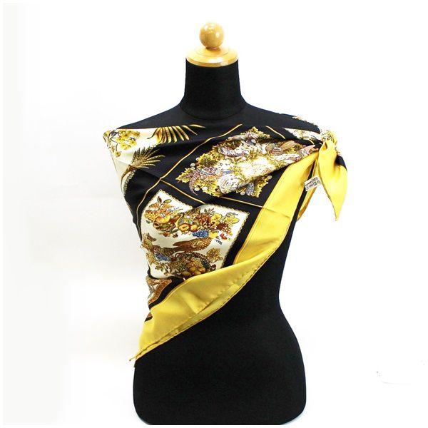 ★ サルヴァトーレ フェラガモ シルク スカーフ マスタードイエロー×ブラック 果実柄 動物柄 中古 Aランク