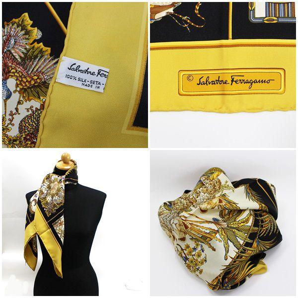 ★ サルヴァトーレ フェラガモ シルク スカーフ マスタードイエロー×ブラック 果実柄 動物柄 中古 Aランク
