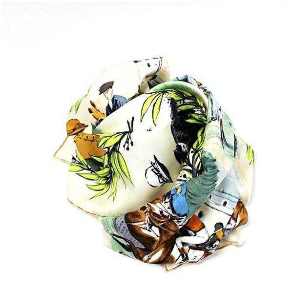 ☆ エルメス スカーフ カレ90 『CHANTILLY』競馬場 クリーム 中古 AB  