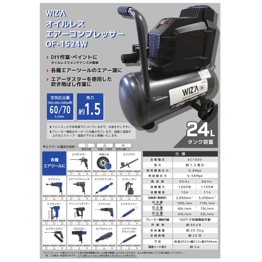 ウイザ WIZA オイルレスエアーコンプレッサー 24L OF-1524W アーク