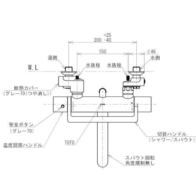 TOTO アーチハンドル壁付サーモスタット混合栓 寒冷地 TBY01405Z1