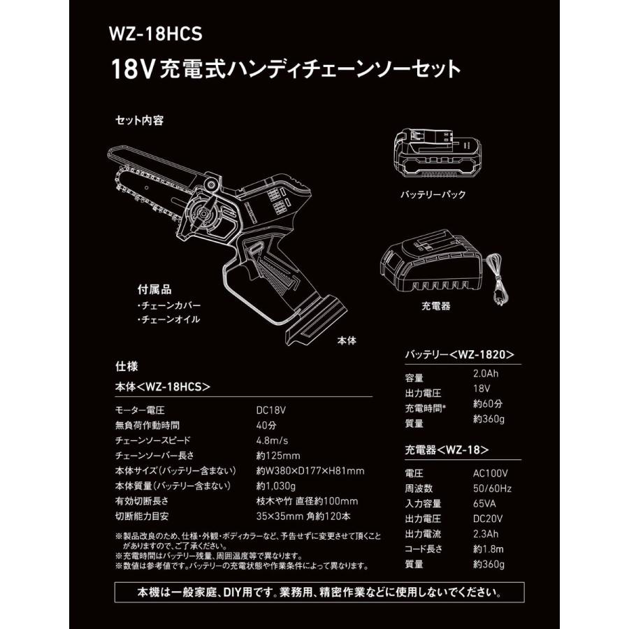 ウイザ WIZA 18V 充電式ハンディチェーンソー バッテリー・充電器付 WZ