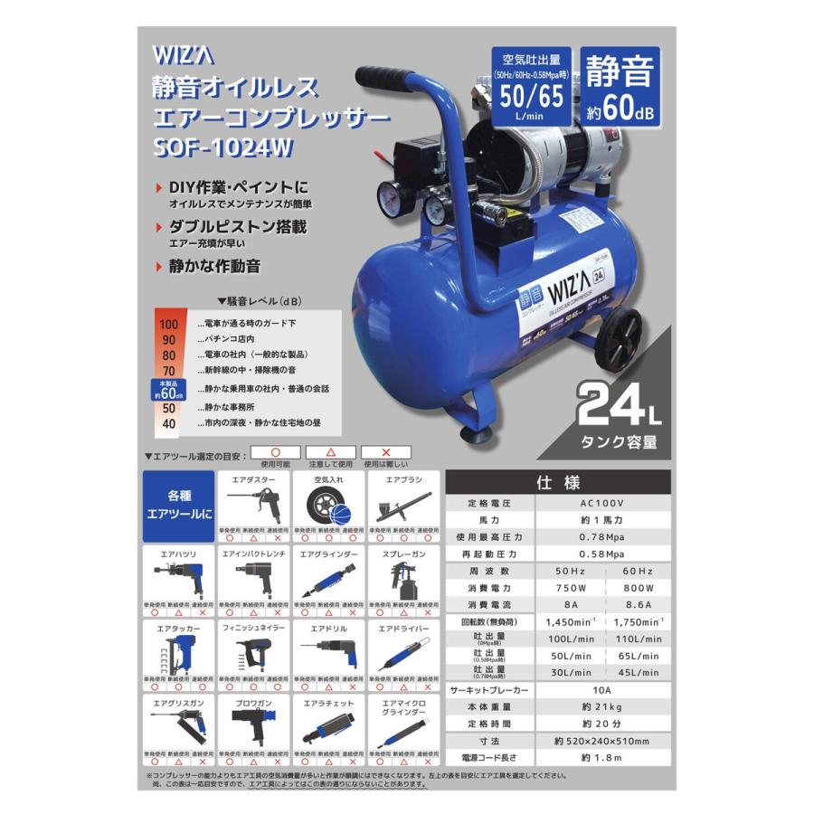 ウイザ WIZA 静音 オイルレス エアーコンプレッサー 24L SOF-1024W