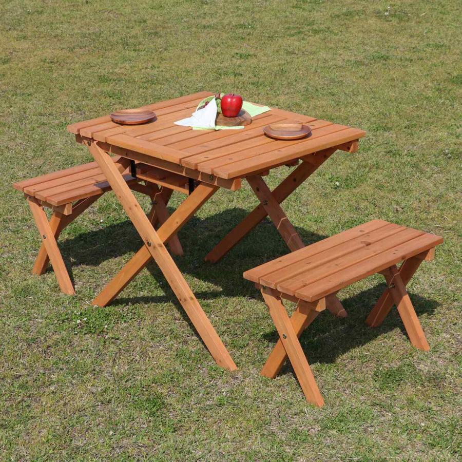 不二貿易 杉材BBQテーブル＆ベンチセット ミニ コンロスペース付 SD20-1033BR 「メーカー直送・代引不可・置配不可・配送地域限定」の画像