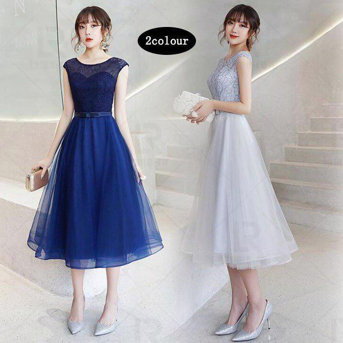 楽天市場 パーティードレス 二次会 ゲストドレス ミモレ丈ドレス レース ワンピース ノースリーブ 忘年会 ウェディングドレス エンパイア 結婚式ドレス ブライズメイド