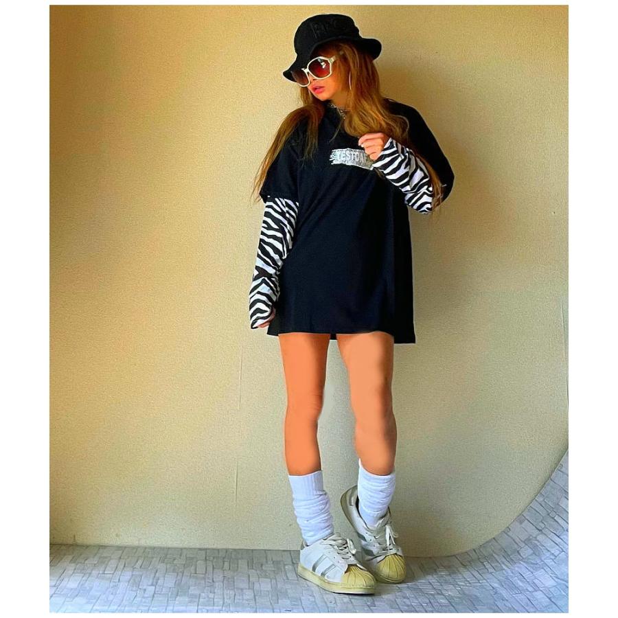 【送料無料】ロングTシャツ　長袖　ゼブラ柄袖　ドッキング　カットソー　クリックポスト配送　おしゃれ |  | 09