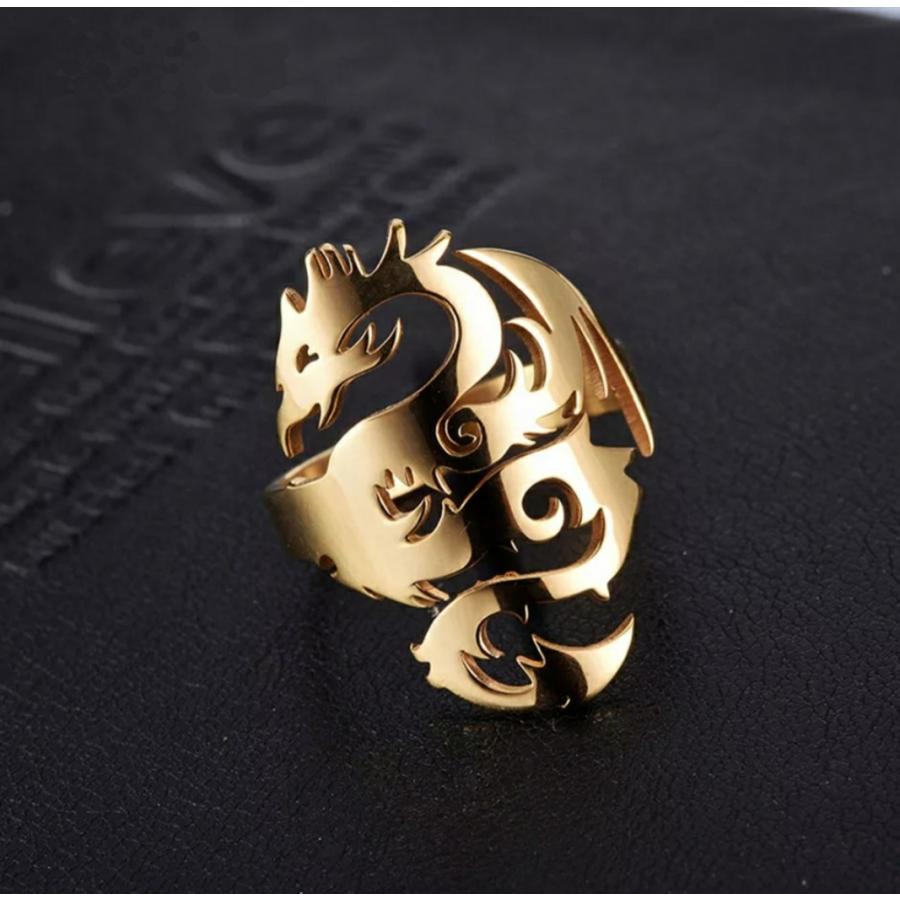 ステンレス ドラゴン リング☆金 銀 18号 21号 透かし彫り 竜 龍 指輪  