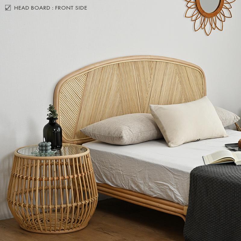 ラタン ヘッドボード付きベッドフレーム リバーシブルデザイン