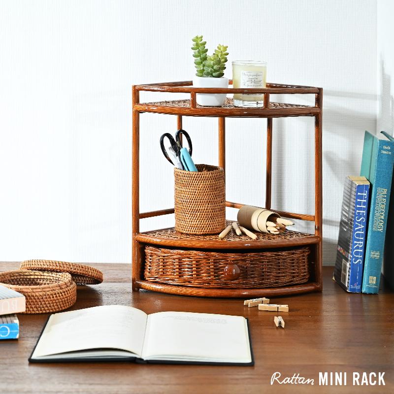 アンティークラタン籐4段オープンラックバスケット取り外し可能かご収納