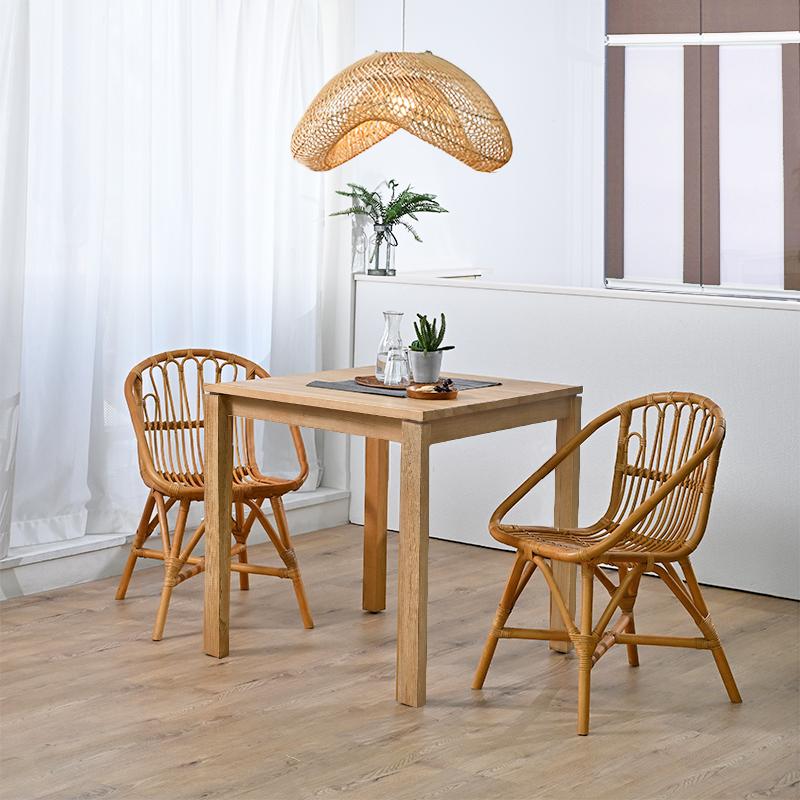 アジアン家具 ダイニング3点セット 2人用 チークテーブル80cm角 ラタン 