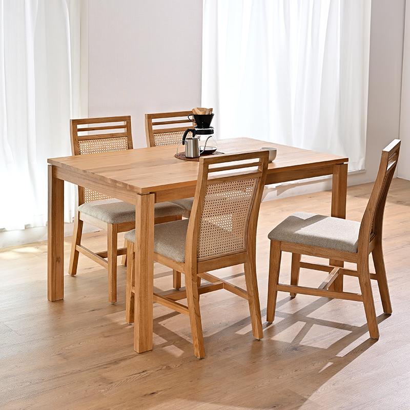 アジアン家具 ダイニング5点セット 4人用 テーブル130cm角 T313X388X4