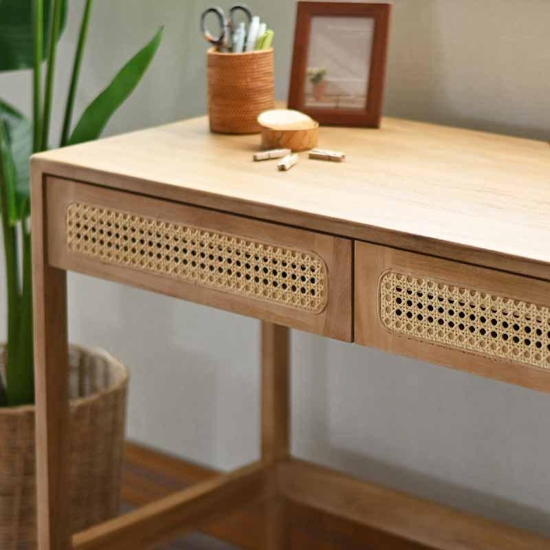 パソコンデスク PCデスク ラタン チーク無垢材 チーク材 学習デスク