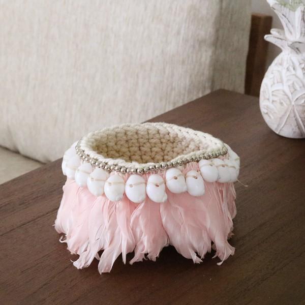 アウトレット アジアン雑貨 ニット小物入れ ピンクフェザー【爆買