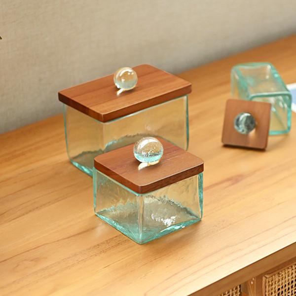 アジアン雑貨 バリ ガラスケース コットンボックス クリアガラス フタ