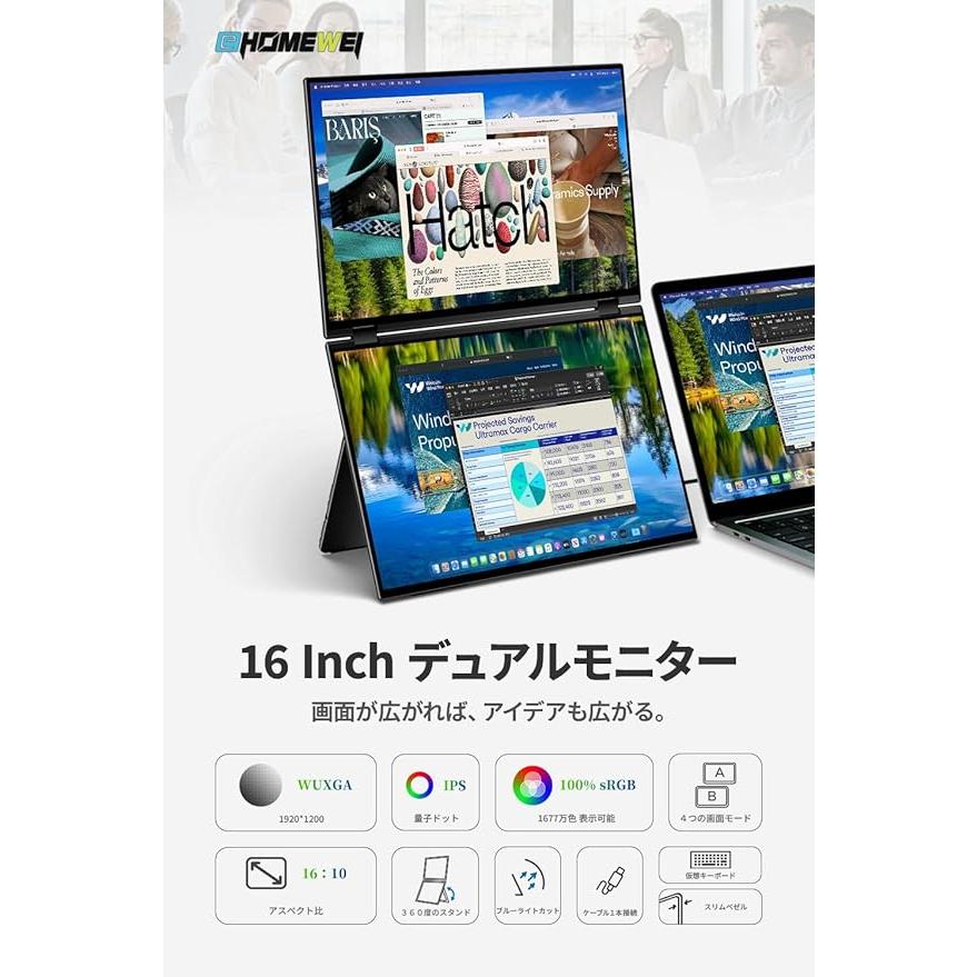 EHOMEWEI モバイルモニター EHOMEWEI XQ-160NF デュアルモニター