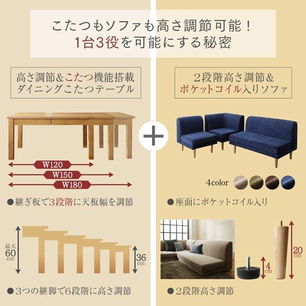 こたつソファダイニング 5点セット(テーブル+2Pソファ2脚+1Pソファ1脚+コーナーソファ1脚) W120-180 高さ調節 3段階伸長式 大型 |  | 04