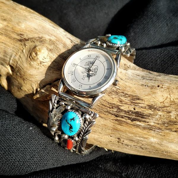 インディアンジュエリー リストウォッチ　ターコイズ＆コーラル 　シルバー925 ホールマーク 一点物 Indian jewelry | 