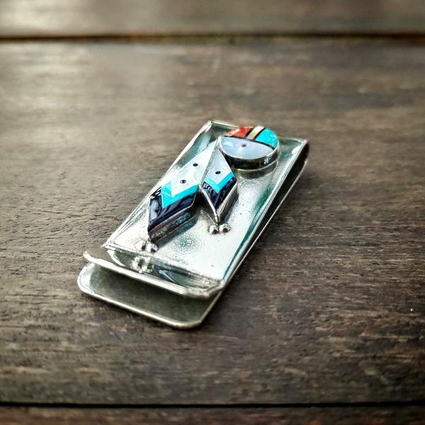 インディアンジュエリー マネークリップ　インレイ スクエア　シルバー ホールマーク925 ホールマーク 一点物 Indian jewelry | 