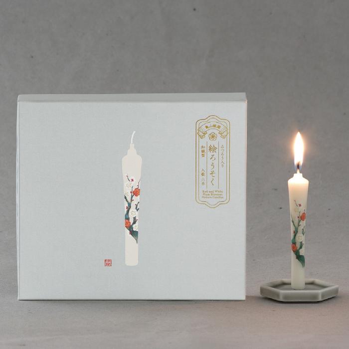 絵ろうそく ギフト 白梅 6本入り 蜜蝋入り 贈答用 ローソク 進物 贈り物 高級感 お供え お盆 お彼岸 貼り箱 金箔 モダン 高級 美しい 梅の絵 和ろうそく 型 | 