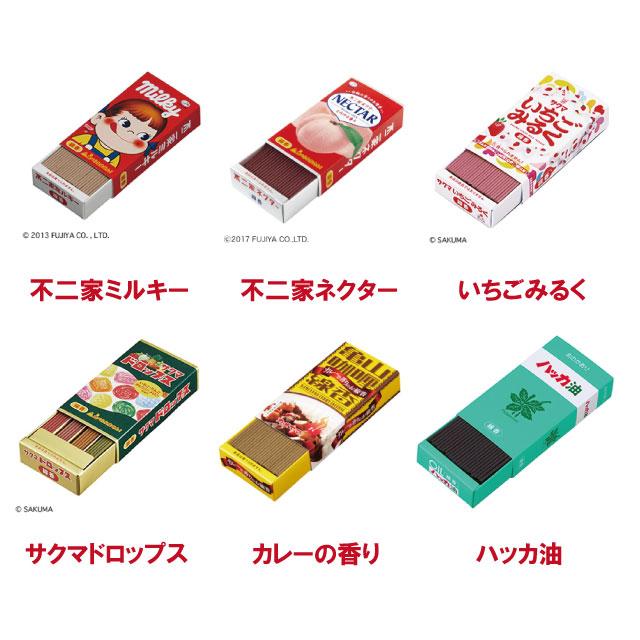選べる3点セット ミニ寸線香 カメヤマローソク ミルキー いちごみるく ネクター すいか カレー ボンタンアメ サクマドロップス ハッカ油 |  | 01