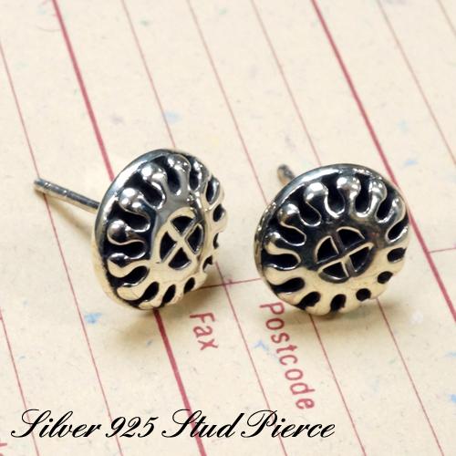 ピアス シルバー925 メンズ 花 紋章 ラウンド スタッドピアス ピアス シルバー925 メンズ 花 紋章 ラウンド スタッドピアス
