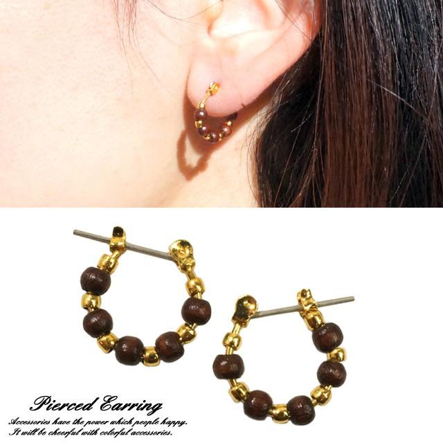 ピアス メンズ ワンタッチフープピアス クロッシング ウッドビーズ