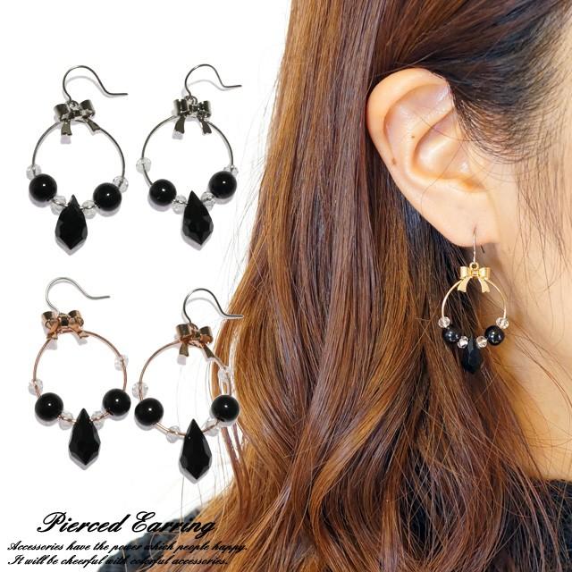 ピアス リボン リース 雫 しずく フープ リング ピンクゴールド