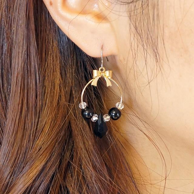 ピアス リボン リース 雫 しずく フープ リング ピンクゴールド