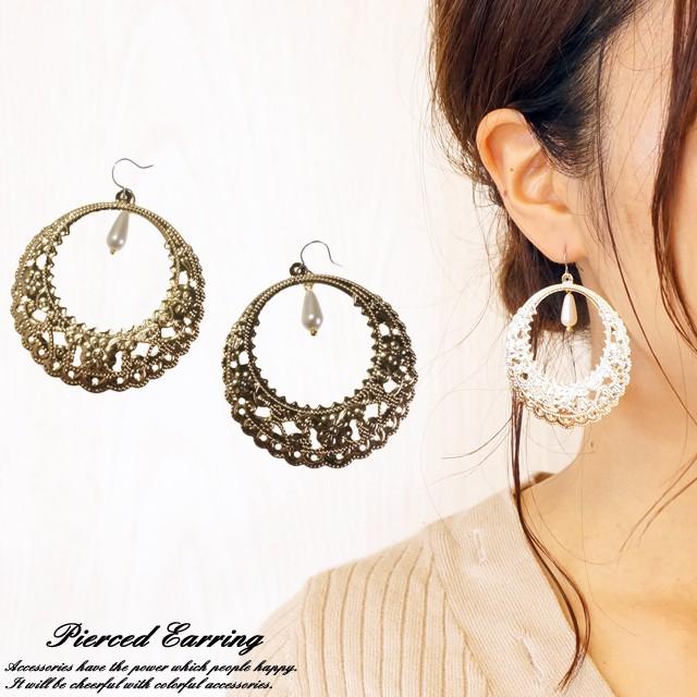 ピアス 大ぶり プラスチックパール 人工真珠 ドロップ 透かしパーツ