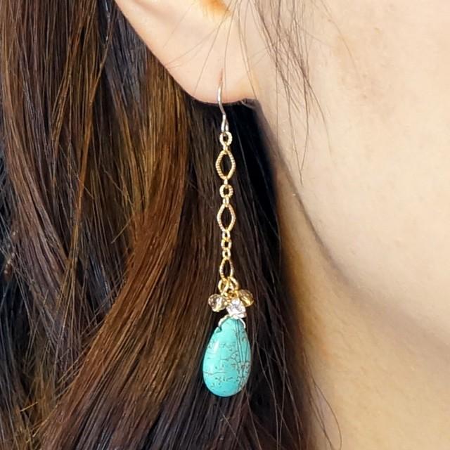トルコ　シェル　ターコイズ　ロングピアス　サージカルステンレス　ゴールド ピアス ターコイズ風 トルコ石風 ドロップ エスニック しずく 揺れる