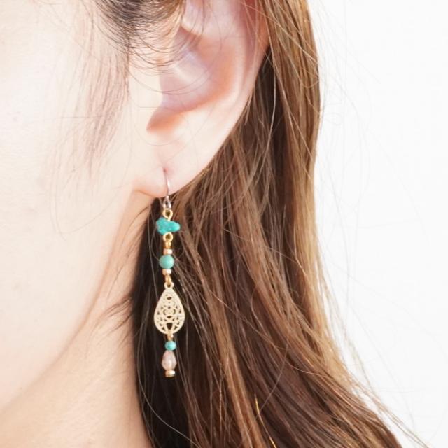 ピアス ロングピアス ターコイズ クリアビーズ チェーン アクセサリー  