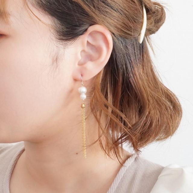 レディースピアス コットンパール ガラスパール フリンジ チェーン