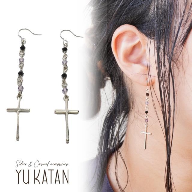 ピアス クロス 十字架 ロングピアス ビーズ シルバー ブラック 