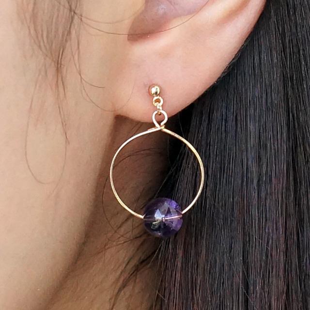 レディースピアス 天然石 アメジスト 輪っか フープ ゴールド シルバー
