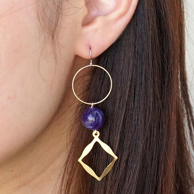 レディースピアス 天然石 アメジスト 輪っか フープ ひし形 ゴールド