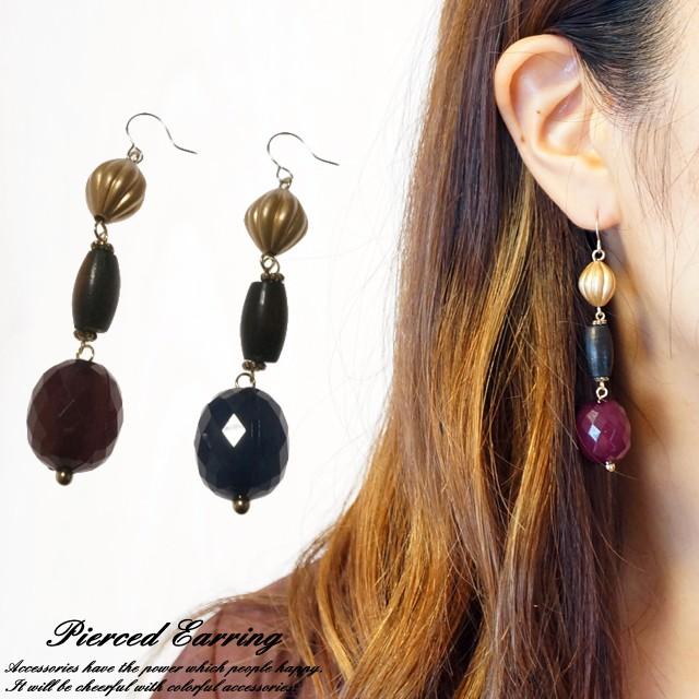 レディースピアス 3連 多面体ビーズ カッティングビーズ ウッドビーズ  