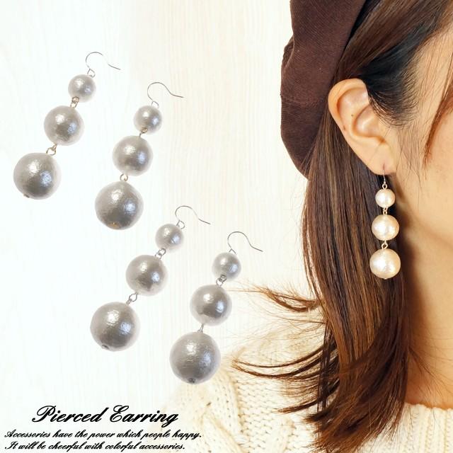 ピアス コットンパール 10mm 14mm 16mm 3連 3粒 ゴールド シルバー
