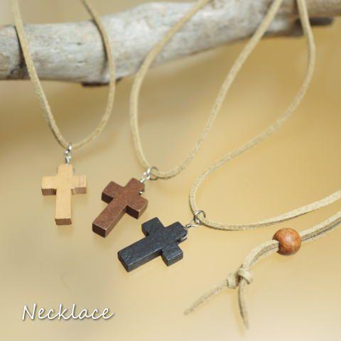 ネックレス ウッド製 クロス 十字架 木 ロザリオ ひも 紐ネックレス