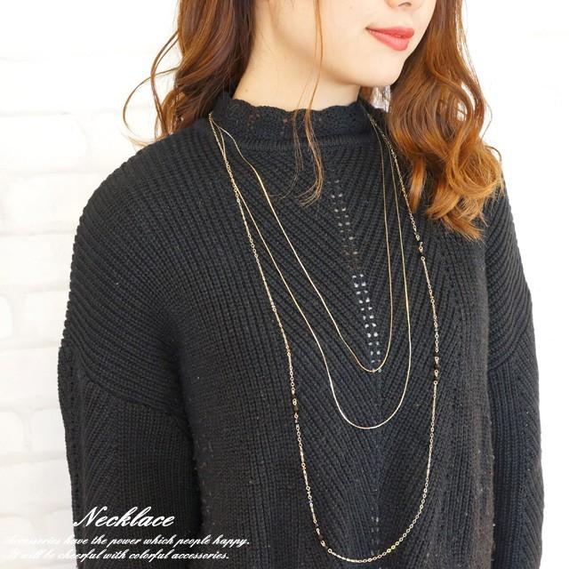 ネックレス ステーションタイプ ロングネックレス 3連 多重 ビーズ装飾