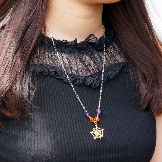 ネックレス チェーンネックレス 蜘蛛の巣 クモ クリアビーズ 多面