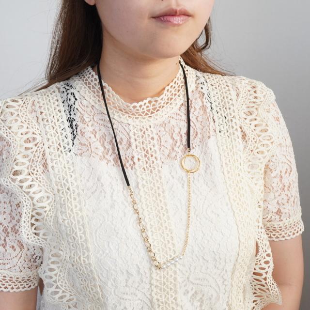レディースネックレス 紐ネックレス パール チェーン 異素材 ミックス