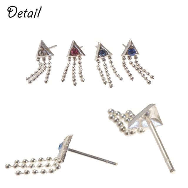 シルバーピアス 三角 トライアングル フリンジ ボールチェーン ガラス
